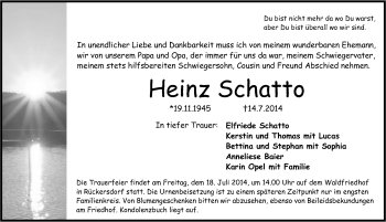 Traueranzeige von Heinz Schatto von Pegnitz-Zeitung